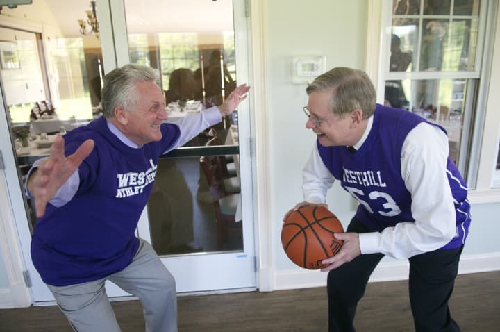 Norwalk Mayor Harry Rilling and Stamford Mayor David Martin have some fun with the basketball at Wednesday&#x27;s lunch.