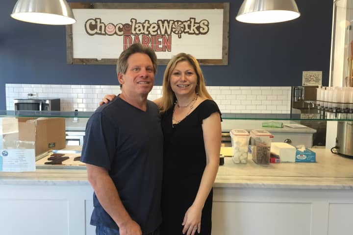 Greg and Meredith Scheine at the opening of Chocolate Works of Darien in the Goodwives Shopping Center.