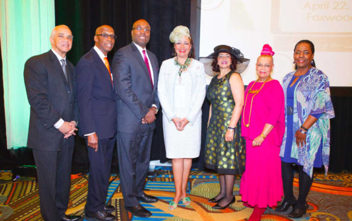 (L-R) Noel Hord; the Honorable Maurice Mosley; James Michel; Dianne S. Hardison, The Links, Inc., Virginia; Glenda Newell-Harris, The Links, Inc., California; Dollie McLean; and Valerie Cooper, of Stamford.