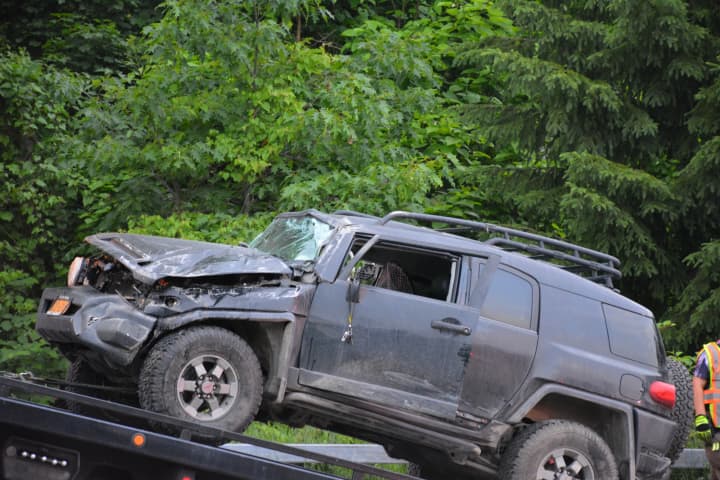 A damaged vehicle involved in a collision at the intersection of Routes 22 and 35 in Katonah.