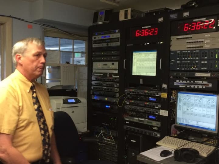 Station General Manager George Lombardi describing some the equipment used at WSHU in Fairfield.