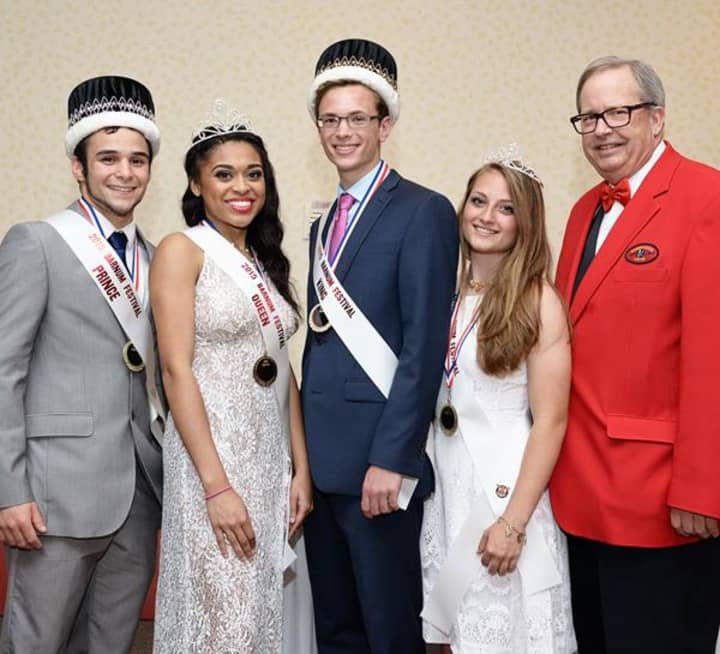 The &quot;Royal Family&quot; for the Barnum Festival are (left to right) Anthony Gonzalez, Breiana Campbell, Matthew Winkler and Victoria Fatovic. They are with Barnum Festival ringmaster Fred Hall.