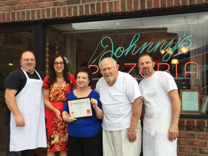 Left to right: Joe Jr., Daily Voice&#x27;s Jeanne Muchnick, Maria, Joe and Ricky Piscopo, shown in front of Johnny&#x27;s Pizzeria in June, 2015.