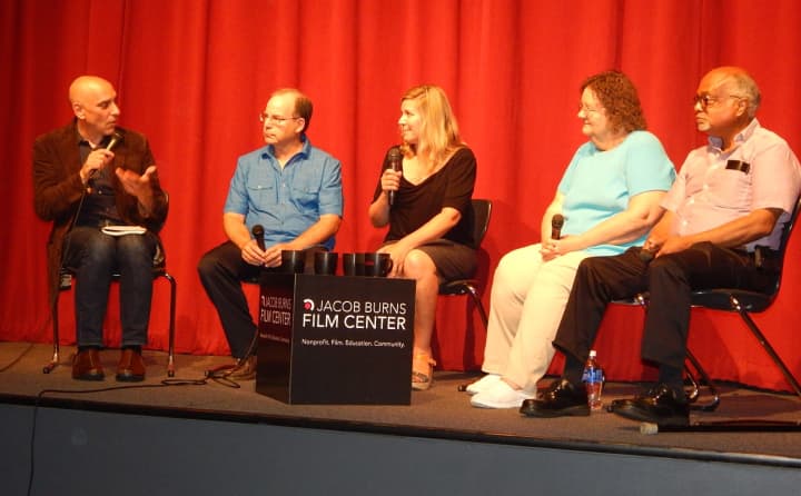 From left, Brian Ackerman, programming director at Jacob Burns Film Center; Brian Vangor of Indian Point; Ivy Meeropol, director of &quot;Indian Point&quot;; activist Marilyn Elie; and journalist Roger Witherspoon.