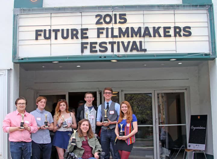 Future Filmmakers Festival winners pose with their awards in front of The Picture House in Pelham. From left, Brian O&#x27;Neill, Kyle Mcintyre, Cheyenne Gherardi, Catherine Sullivan, Kevin Wingertzahn, Bobby Martin, and Anne Beyer-Chafets.