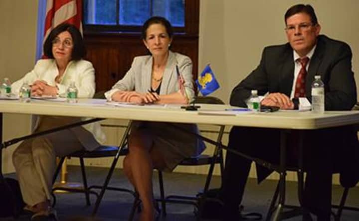 State Sen. Toni Boucher, State Reps. Gail Lavielle and Tom O&#x27;Dea, field questions at the town hall meeting.