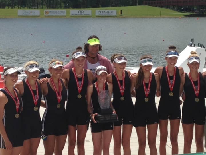 Rowers from Darien winning gold at Youth Nationals in the girls lightweight eight include Elisabeth and Caroline O&#x27;Brien (fourth from left and second from right), Tatiana Chermayeff of Rowayton (far right) and assistant girls coach Gordon Getsinger.