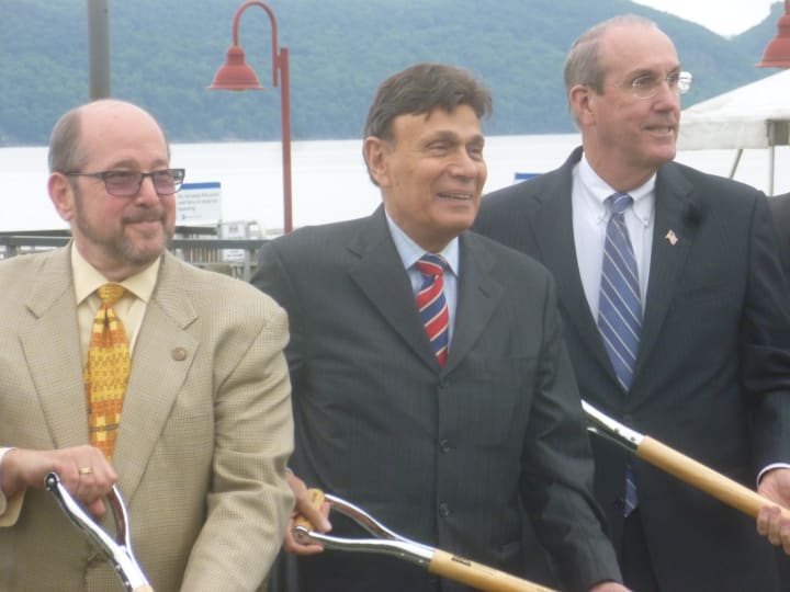 Developer Martin Ginsburg, center, takes part in the 2014 groundbreaking ceremony for Ossining&#x27;s Harbor Square project. At left is former Ossining mayor, Bill Hanauer. At right is Deputy County Executive Kevin Plunkett.