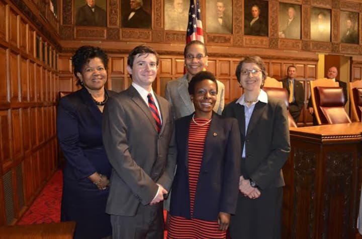 Westchester Community College student and White Plains resident Evan Eckfeld, second from left, the 2015 David A. Garfinkel Essay SUNY Community College award.