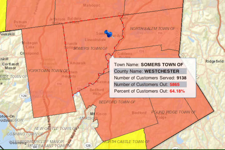 More than half of Somers was without power Monday evening, according to NYSEG.