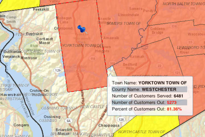 Much of Yorktown was without power Monday evening, according to NYSEG.