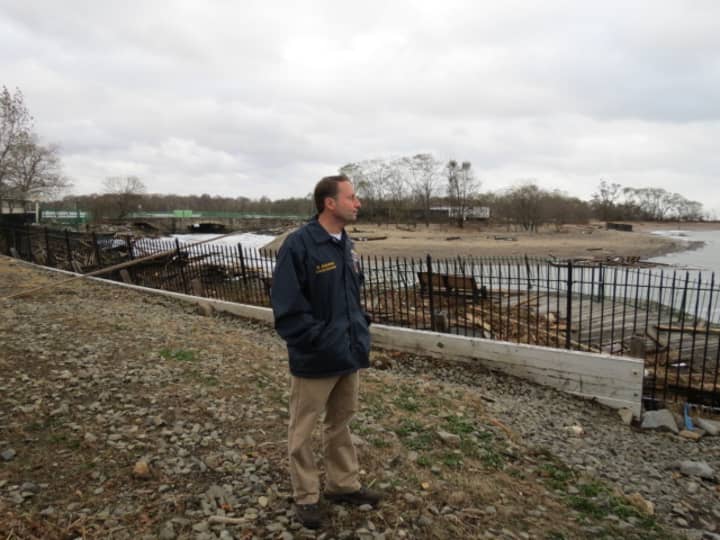Westchester County Executive Robert Astorino surveys the damage to Playland Park in Rye Tuesday in the aftermath of Hurricane Sandy. 