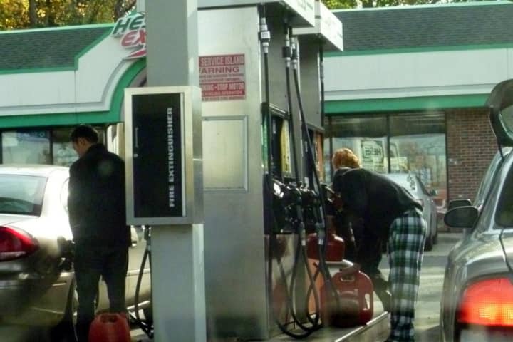The Hess gas station in Tarrytown saw long lines on Thursday morning as residents filled up on fuel.