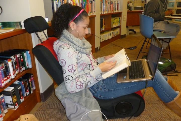 Rachel Blair, a Woodlands High School freshman, has been doing schoolwork at the Greenburgh Public Library. Many school districts closed all week after Hurricane Sandy.