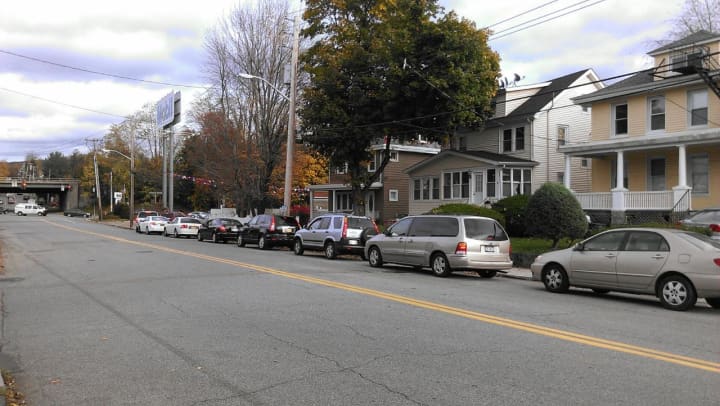 A line of motorists waiting for gas at the Welcher Avenue Mobile station in Peekskill. 
