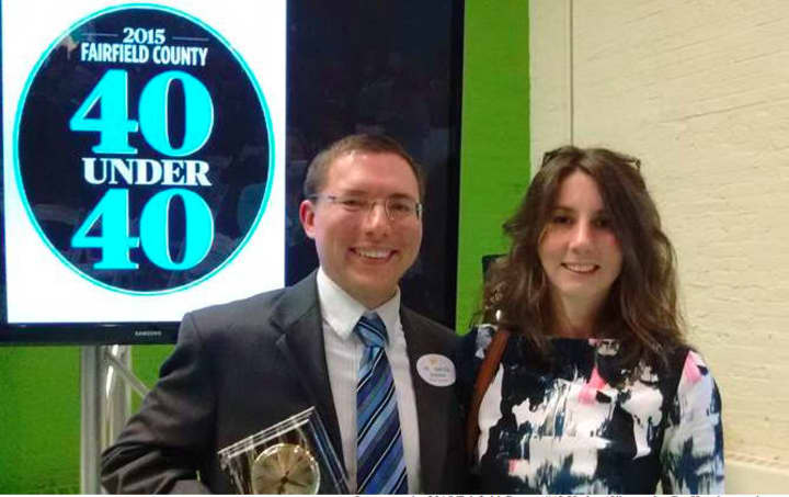 Daniel Ksepka, curator of science at the Bruce Museum, with his wife, Kristin Lamm, at the 2015 Fairfield County 40 Under 40 awards. Ksepka was honored at the event.