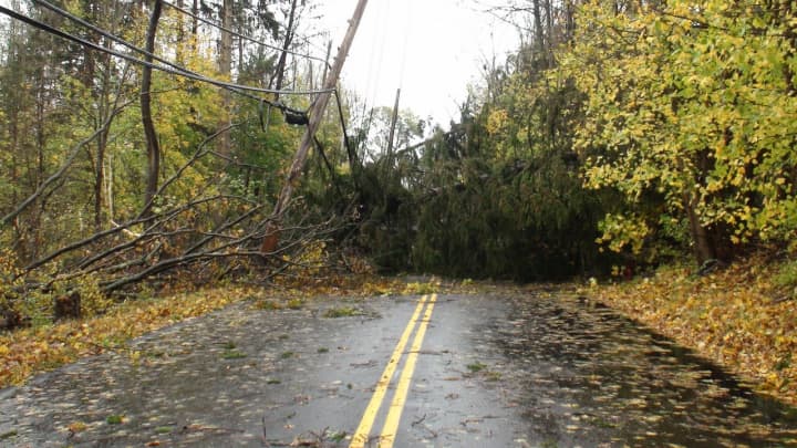 Broad Street in Yorktown was blocked off by downed trees and power lines.