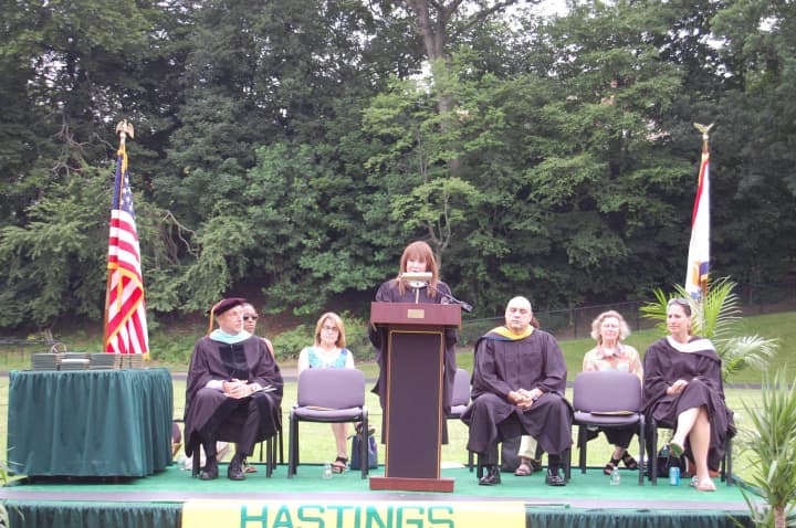 Guest speaker Jeanne Newman, a former Hastings High School teacher and founder of Project SHARE, shared her experience and words of advice for the graduating seniors