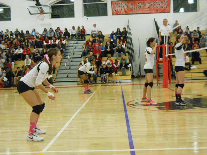 Sleepy Hollow prepares itself during its Section 1 Class B Volleyball Championship quarterfinal match against Eastchester. Eastchester won in five games Monday.