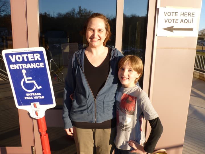 Amy Hodman at a Mamaroneck polling place with her son Sam.