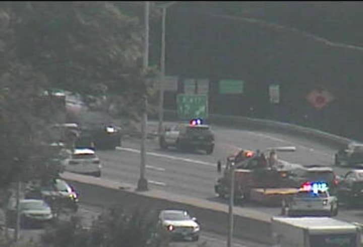 Two lanes of northbound I-95 are blocked by a crash in Darien. 