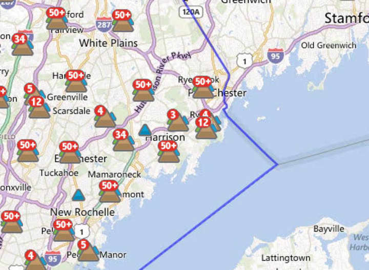 An estimated 1,609 out of 9,470 Con Edison customers were without power in Harrison at 11:30 a.m. Wednesday