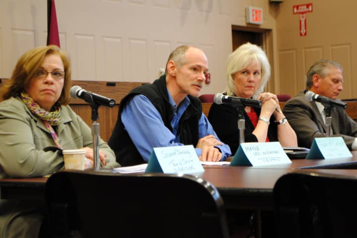 From left, Suzanne Donnelly, Supervisor of the Town of Ossining, Leo Wiegman, Mayor of the Village of Croton, Supervisor Linda Puglisi of the Town of Cortlandt, and Supervisor Michael Grace, of the Town of Yorktown. Joan Maybury arrived later.