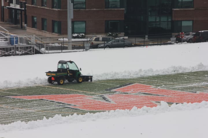 The Mamaroneck High School football field gets covered in snow during the nor&#x27;easter Wednseday.