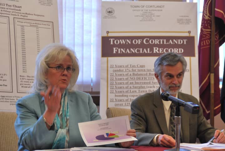Cortlandt Supervisor Linda Puglisi and Comptroller Glenn Cestaro at Friday&#x27;s press conference on the proposed 2013 town budget.