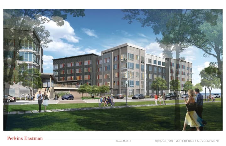 A rendering of the new development proposed for Bridgeport&#x27;s South End. 