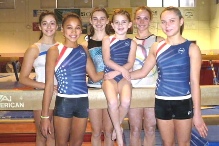 Six girls from Stamford&#x27;s Arena Gymnastics will perform with gymnasts Saturday in Hartford. The girls are (front, from left) Sophia Casino, Maggie McKenzie, Bianca Dinsoe; and back, from left: Pamela Onarato, Ilana Olin and Caroline Fitzpatrick.