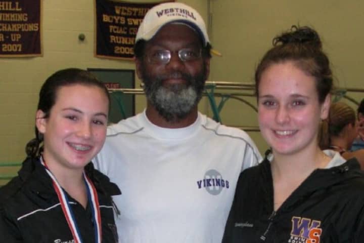 Westhill divers Lauren Burston, left, and Lauren Cunningham, right, stand with coach Jim Bowser after the Class LL meet on Monday.