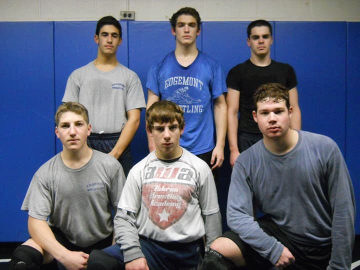 Edgemont seniors (bottom row, from left: Sky Korek, Trey Aslanian and Jason Worobow; top row: Ross Kantor, Oliver Oks and Jack McCormack) want to lead the Panthers to their first Section 1 wrestling team title.