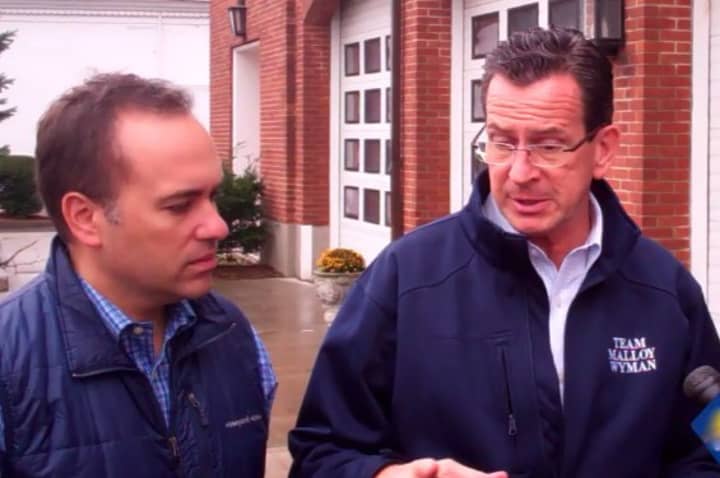 Gov. Dannel Malloy, right, and Greenwich First Selectman Peter Tesei, seen here the morning after Hurricane Sandy, commented on the grant given to the town in the wake of the storm.
