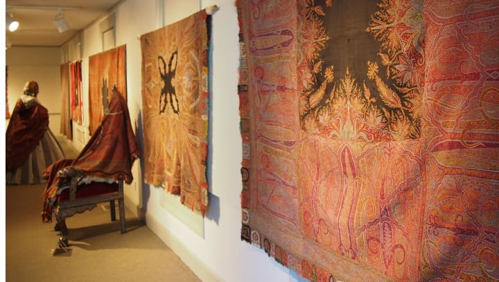 Kashmir shawls are on display through September at the New Canaan Historical Society&#x27;s Costumes Museum.