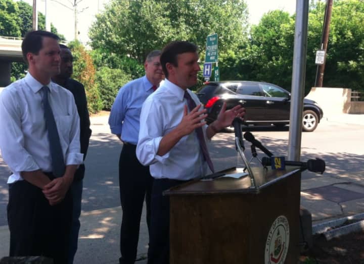 U.S. Sen. Chris Murphy, D-Conn., speaking at a press conference in Stamford Monday asking for highway funding to be maintained by the U.S. Congress.