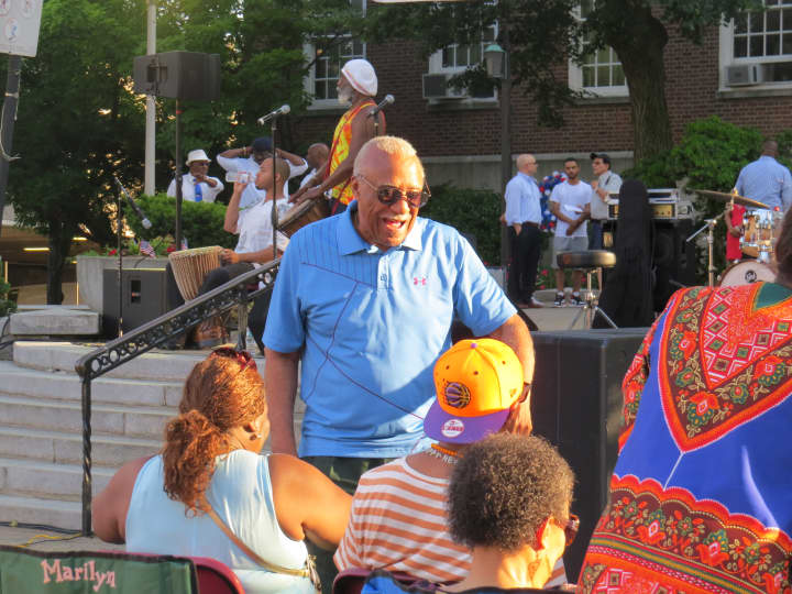 Mount Vernon Mayor Ernest D. Davis talks to concert goers at the town&#x27;s Free Summer Concert Series.