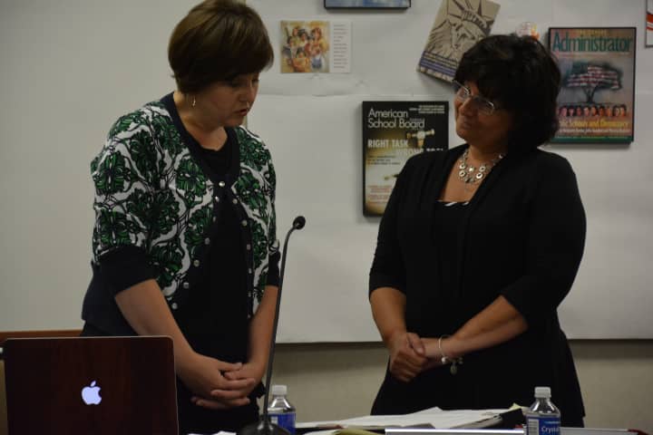 Jennifer Gerken takes her oath of office as Bedford Central&#x27;s school board president.