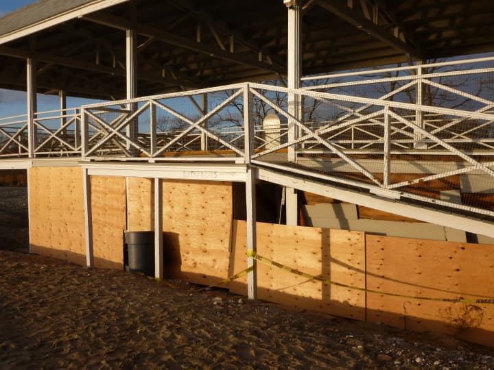 The boarded up pavilion at Bayley Beach in Rowayton weeks after Hurricane Sandy.