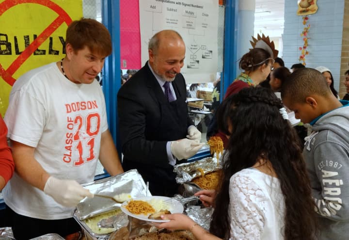 Yonkers Superintendent of Schools Bernard Pierorazio attended the Thanksgiving feast at Dodson School to serve the students. 