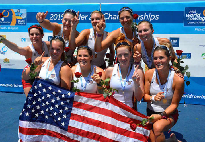 Westport&#x27;s Lizzy Youngling, in the middle of the back row, celebrates with members of the gold-medal winning U.S. team at the Under-23 World Championships.