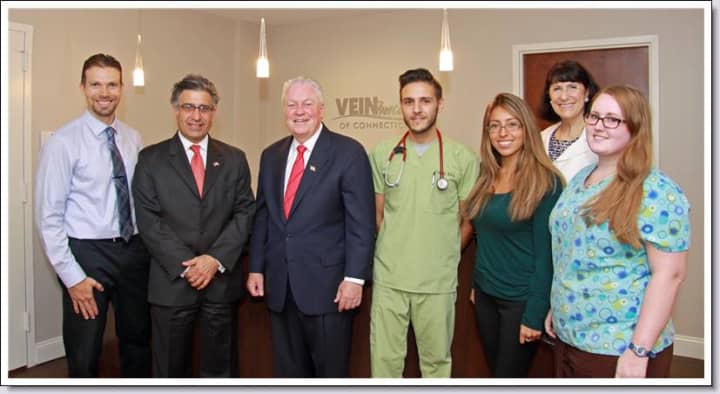 From left to right: Michael Berluti, Dr. Alex Afshar, Mike Tetreau, Gary DeBrito, Daniela Nunez, Beverly Balaz and Cat Biolsi at the grand re-opening of the Veins Institute of Connecticut. 