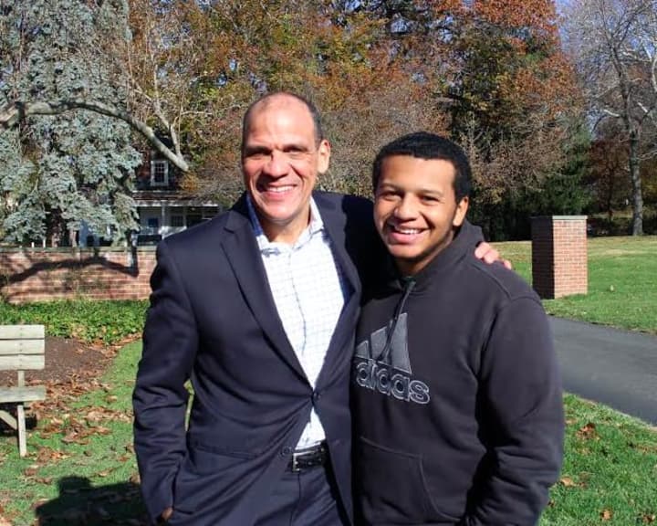 My Brother&#x27;s Keeper scholarship founder, Joe Schlater, with recipient James Holmes.