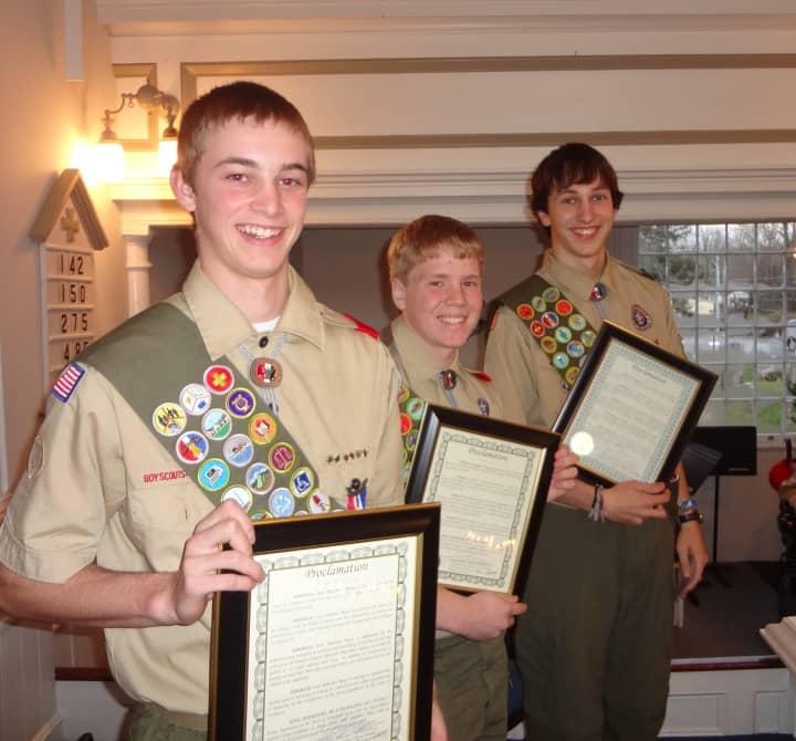 From left: Kyle Monk, Matthew Scavarda, and Axel Beyer achieved the rank of Eagle Scout last week.