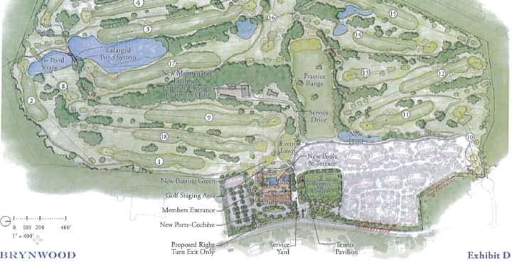 A diagram of the proposed changes to Brynwood Golf &amp; Country Club, with the housing community highlighted by the white area in the lower right