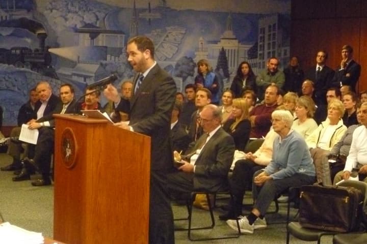 Mario F. Coppola, an attorney representing an organization called Cos Cob Families Fighting For Residential Rights, addresses the Greenwich Planning and Zoning Commission on Tuesday.