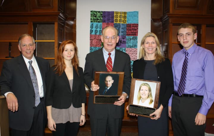 Croton-Harmon High School Principal Alan Capasso, from left, and senior Lucy Stockton congratulate 2012 Hall of Distinguished Graduates inductees John Mearsheimer and Maryjane Giblin Farr along with senior Brendan Roeschel.