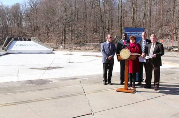 Legislators and local officials were at the dry Sprain Ridge Pool in 2013 to push for repairs.