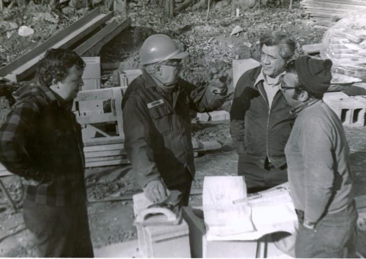 Member of the Pound Ridge Lions Club work on the construction of the Ambulance Corps building back in the mid-70s. From left: Don Stewart, John P. (Jack)  Crimmins, Murray Crandell and Charlie George.