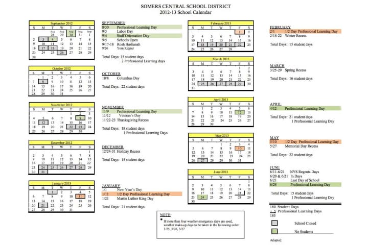 The Somers Central School District may revise its calendar due to lost snow days during Hurricane Sandy.